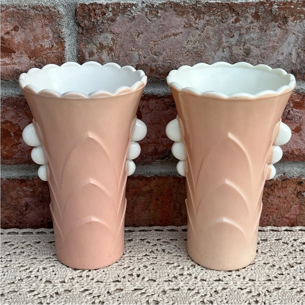 Vintage Anchor Hocking Fired On Pink Vitrock Scalloped Art Deco Style Vases